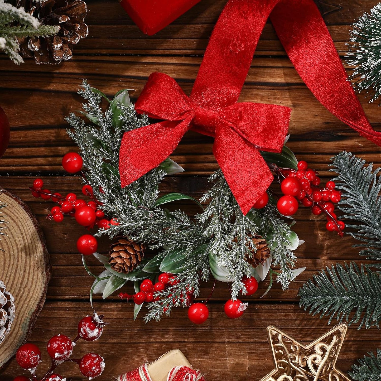 🎀🎄Mini Christmas Wreaths with Ribbon Bows & Red Berries