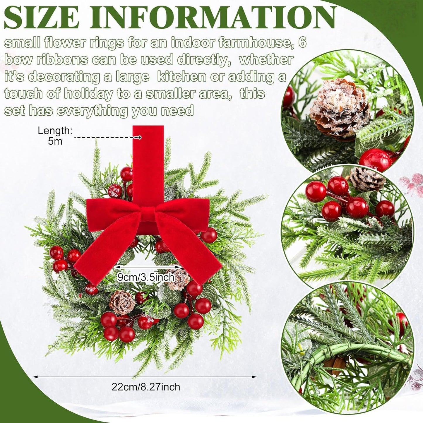 🎀🎄Mini Christmas Wreaths with Ribbon Bows & Red Berries