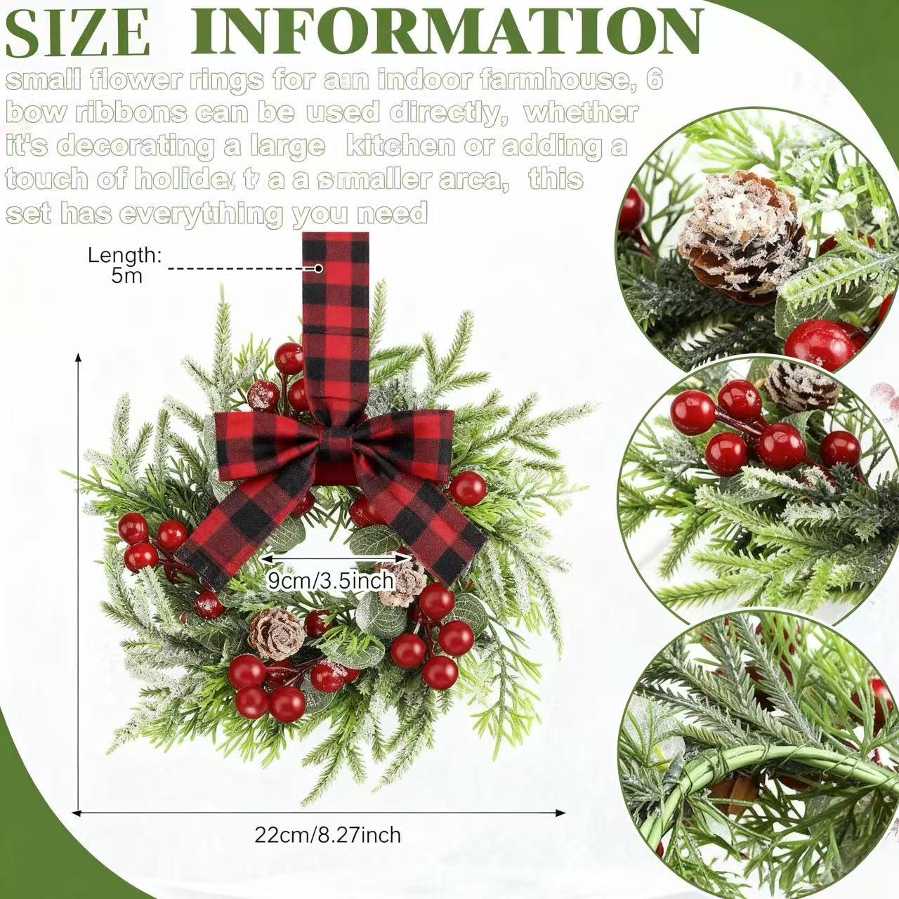 🎀🎄Mini Christmas Wreaths with Ribbon Bows & Red Berries