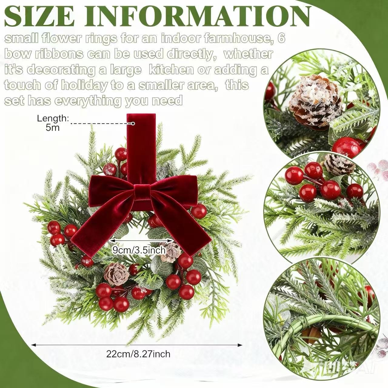🎀🎄Mini Christmas Wreaths with Ribbon Bows & Red Berries